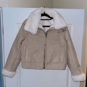 Faux fur-LINED SUEDE CROP BIKER JACKET